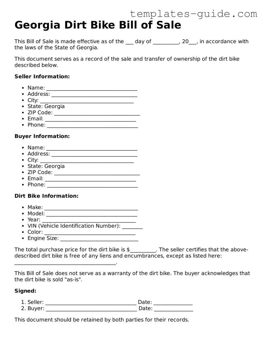 Free  Dirt Bike Bill of Sale Form for Georgia