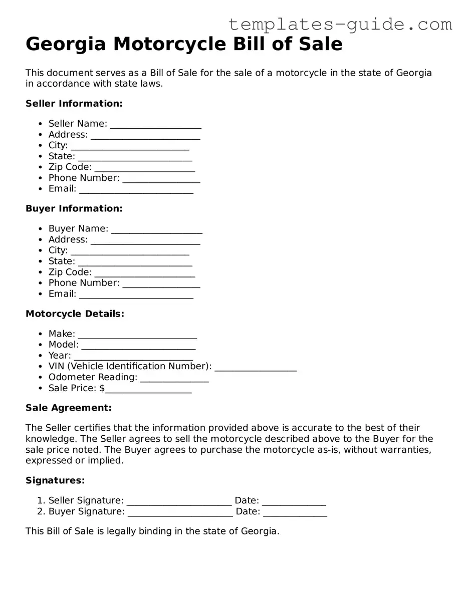 Free  Motorcycle Bill of Sale Form for Georgia