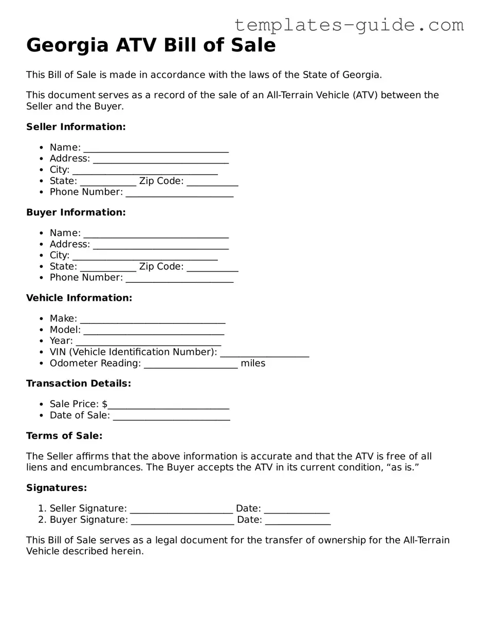 Free  ATV Bill of Sale Form for Georgia
