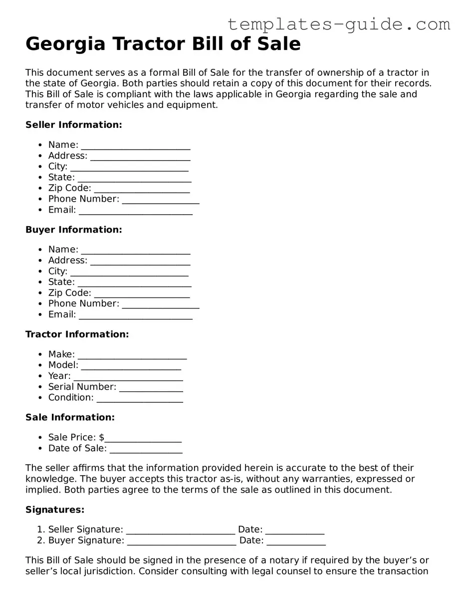 Free  Tractor Bill of Sale Form for Georgia