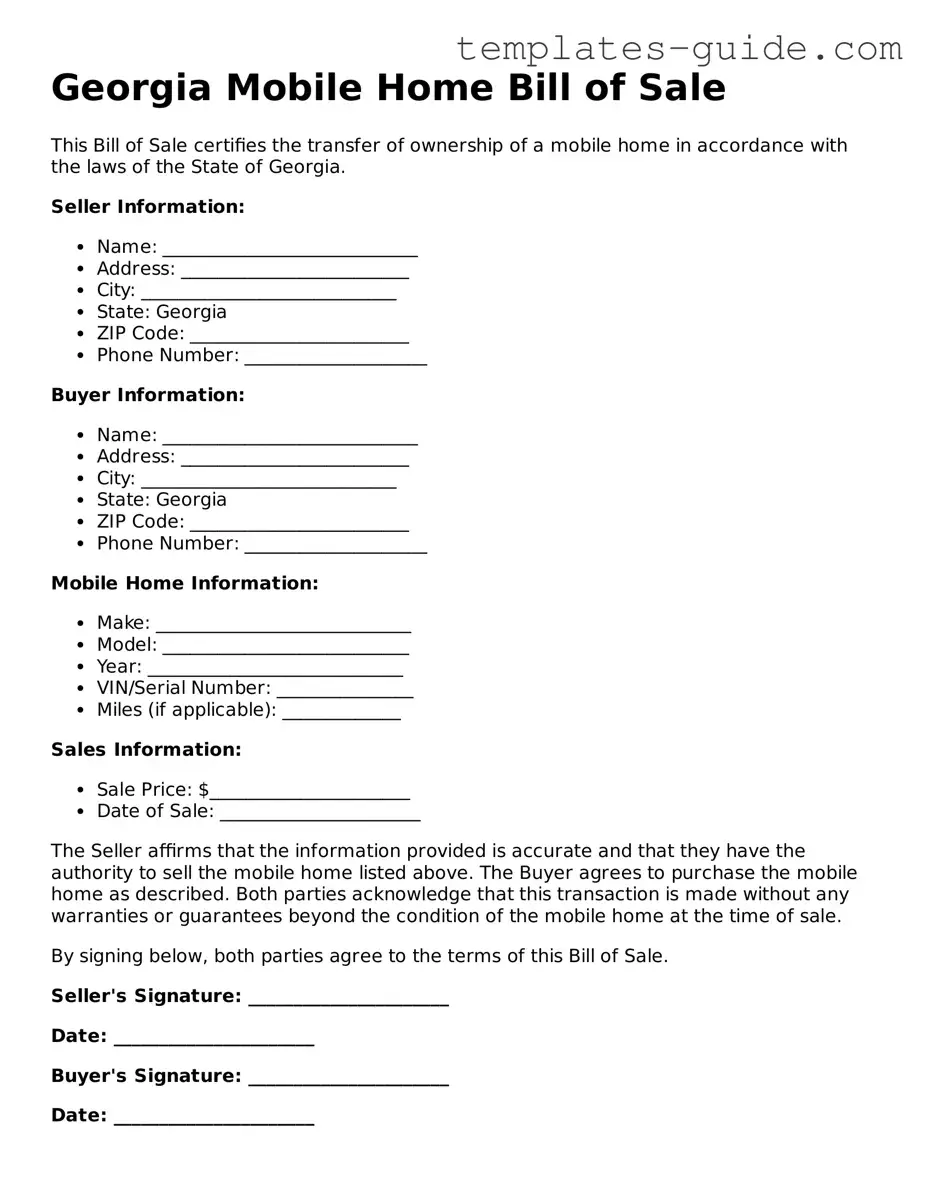 Free  Mobile Home Bill of Sale Form for Georgia