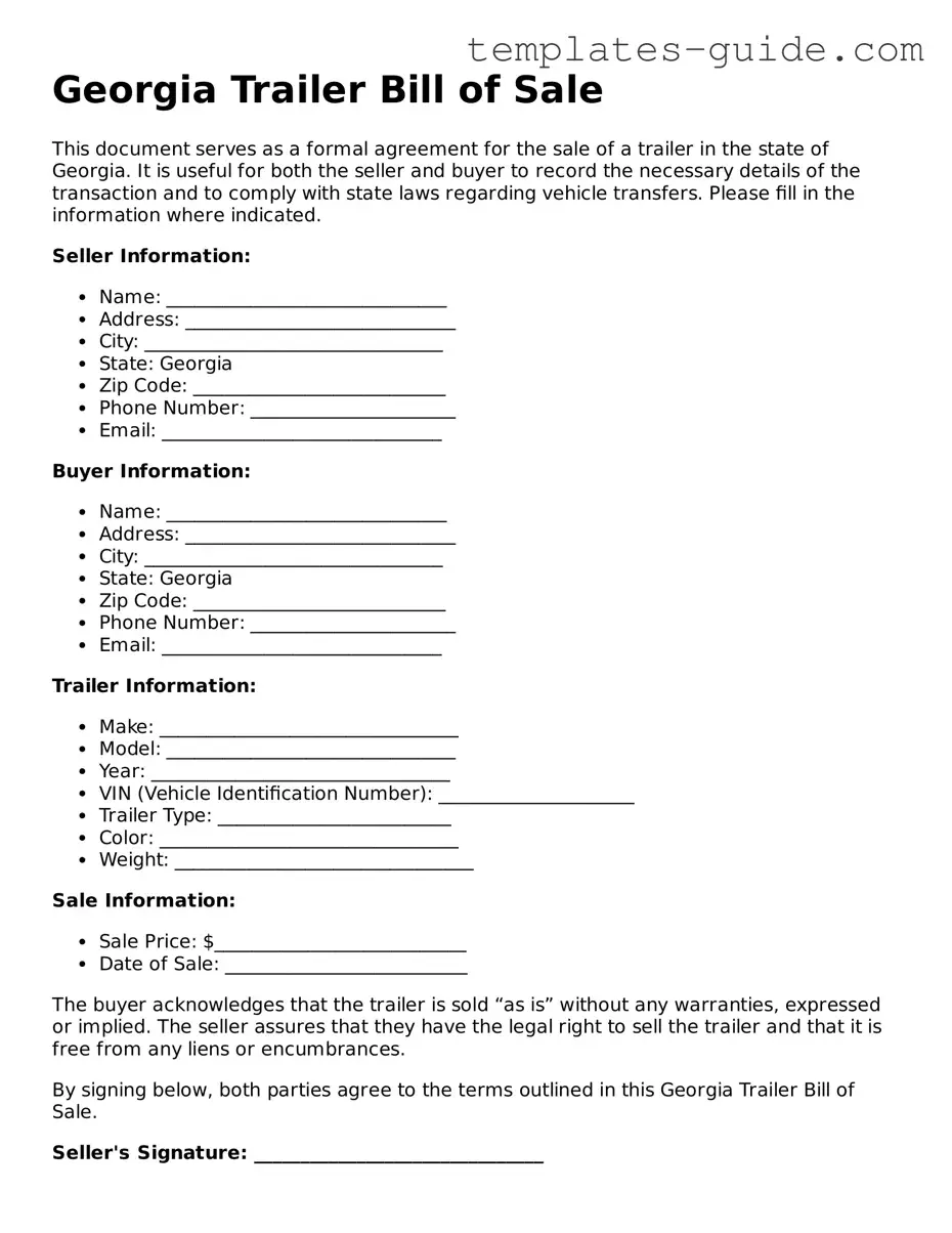 Free  Trailer Bill of Sale Form for Georgia