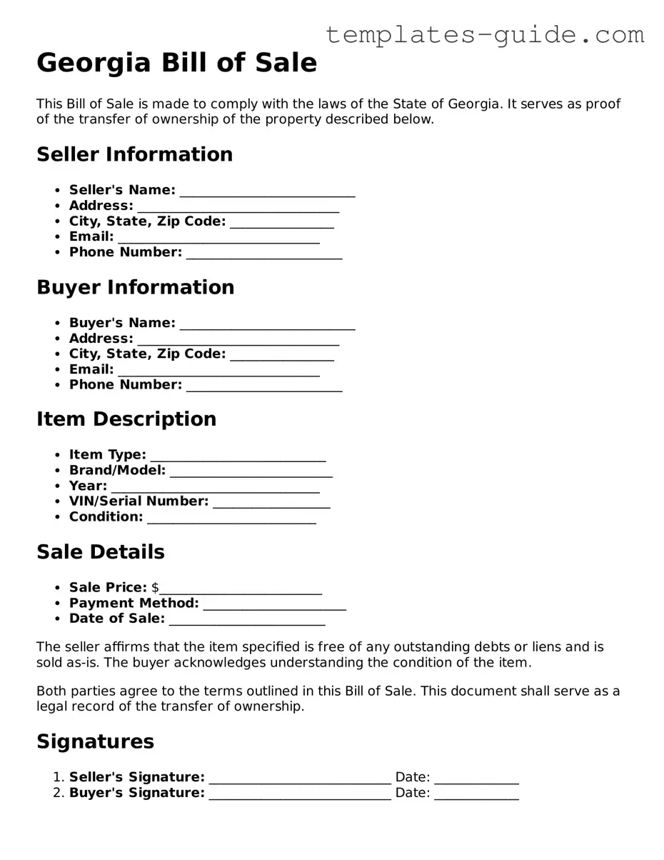Free  Bill of Sale Form for Georgia