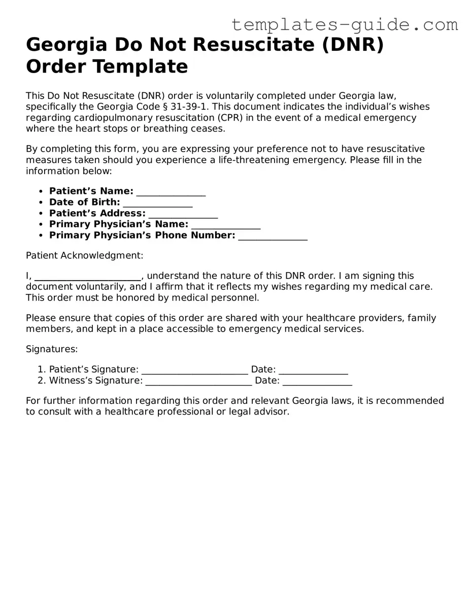 Free  Do Not Resuscitate Order Form for Georgia