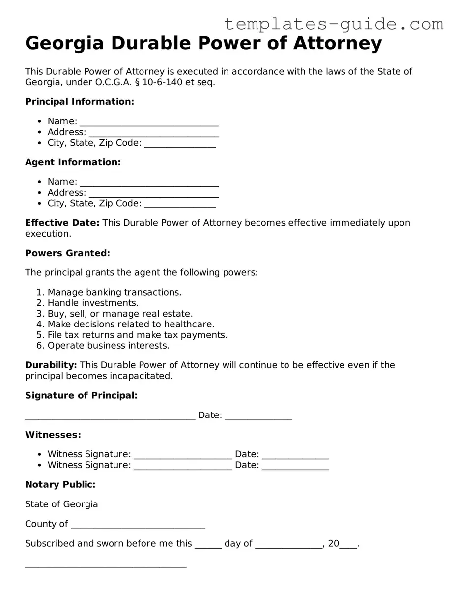 Free  Durable Power of Attorney Form for Georgia
