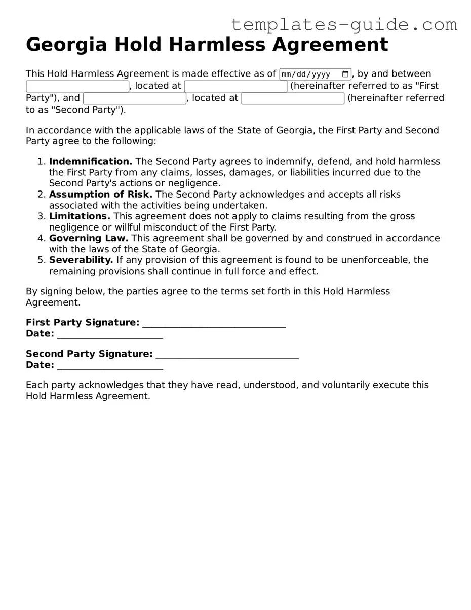 Free  Hold Harmless Agreement Form for Georgia