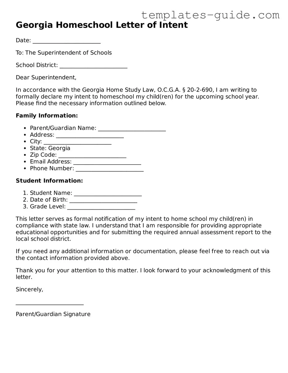 Free  Homeschool Letter of Intent Form for Georgia
