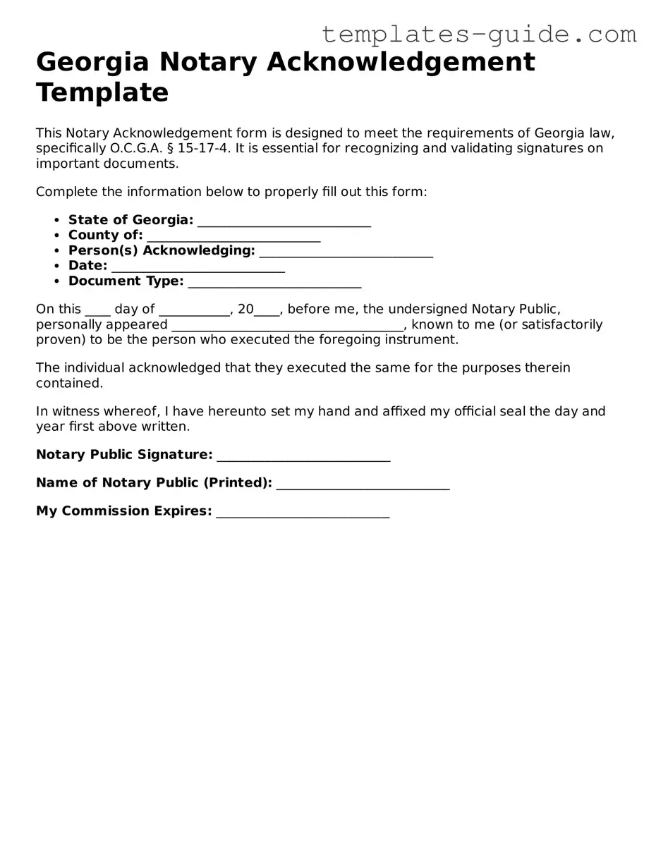 Free  Notary Acknowledgement Form for Georgia