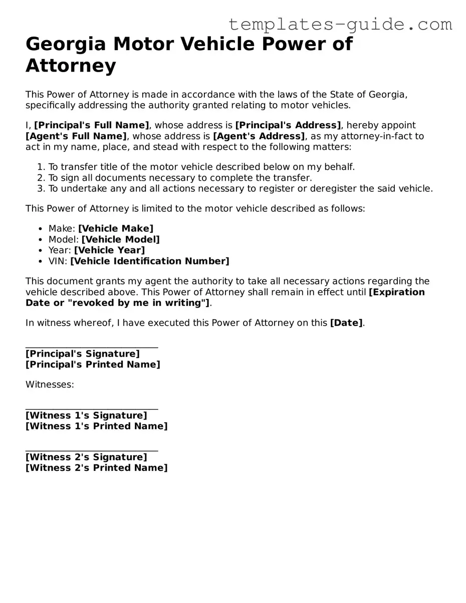 Free  Motor Vehicle Power of Attorney Form for Georgia