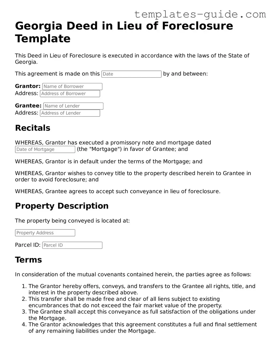 Free  Deed in Lieu of Foreclosure Form for Georgia