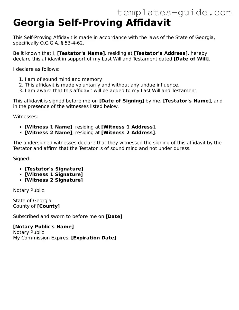 Free  Self-Proving Affidavit Form for Georgia
