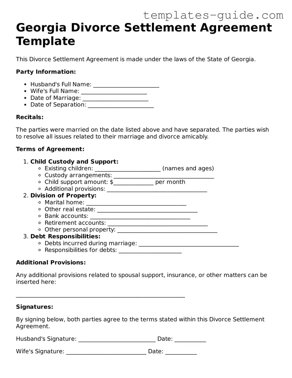 Free  Divorce Settlement Agreement Form for Georgia