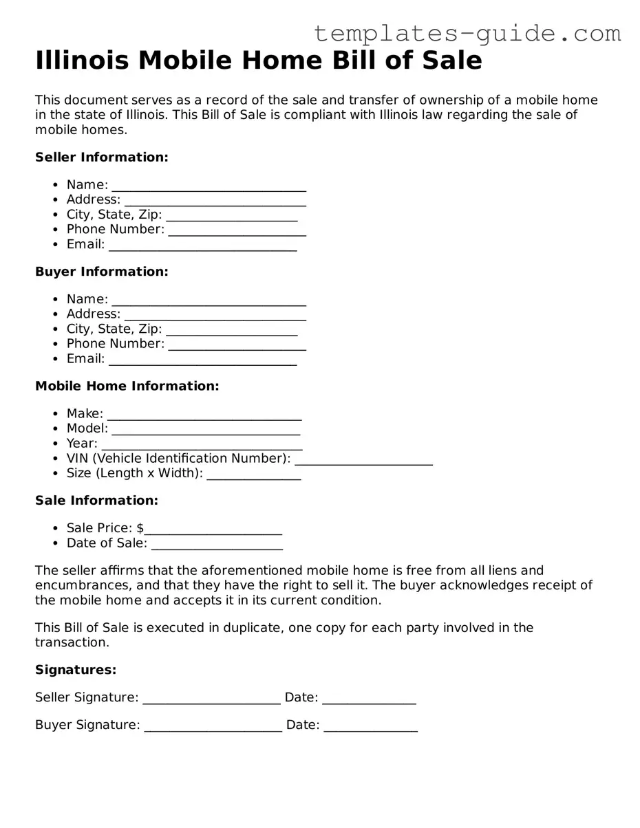 Free  Mobile Home Bill of Sale Form for Illinois