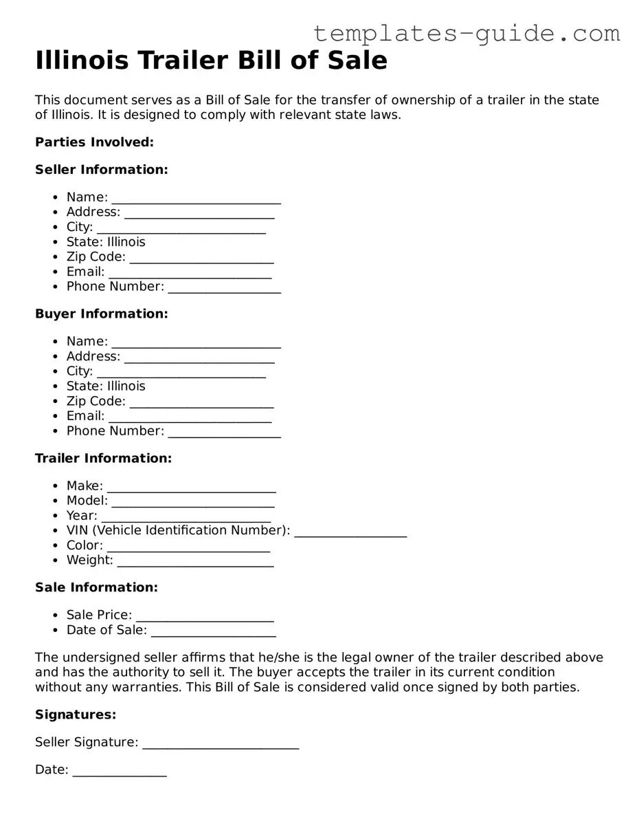 Free  Trailer Bill of Sale Form for Illinois