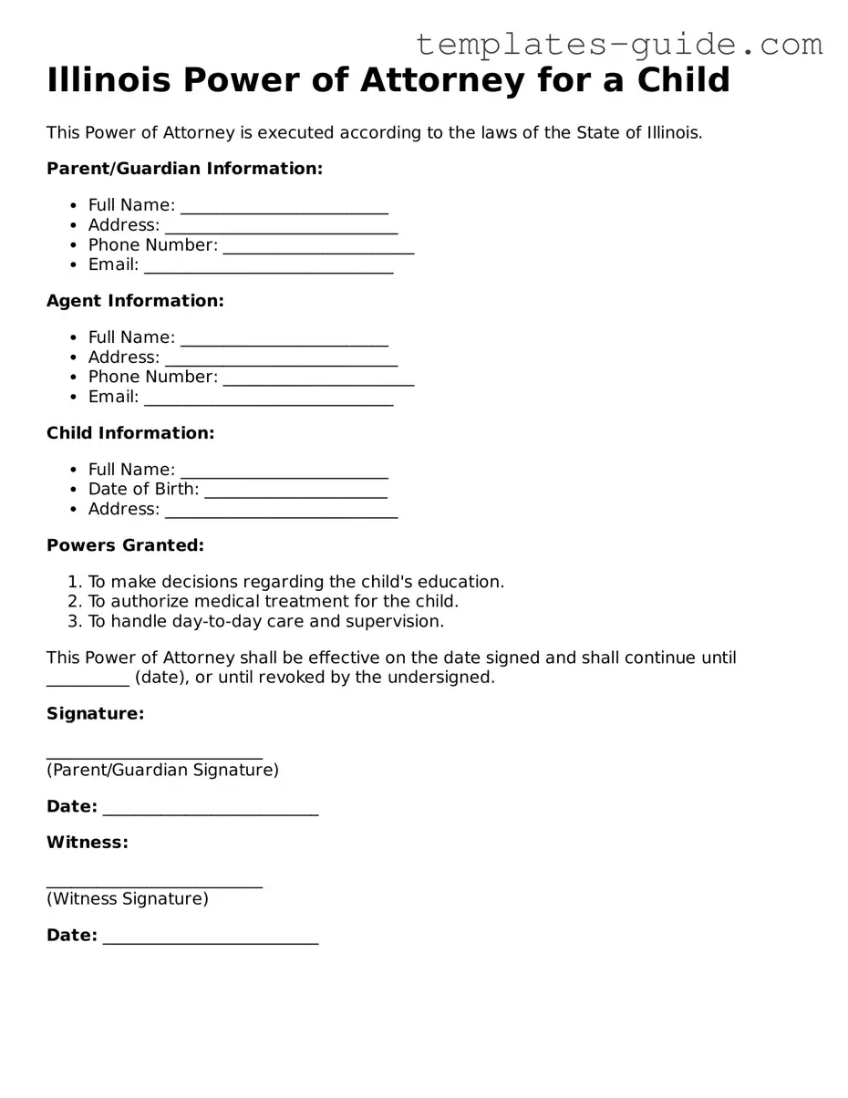 Free  Power of Attorney for a Child Form for Illinois