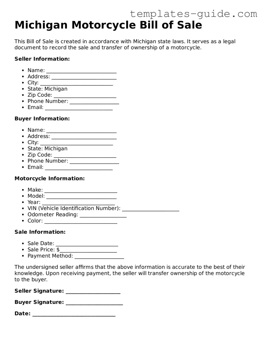 Free  Motorcycle Bill of Sale Form for Michigan
