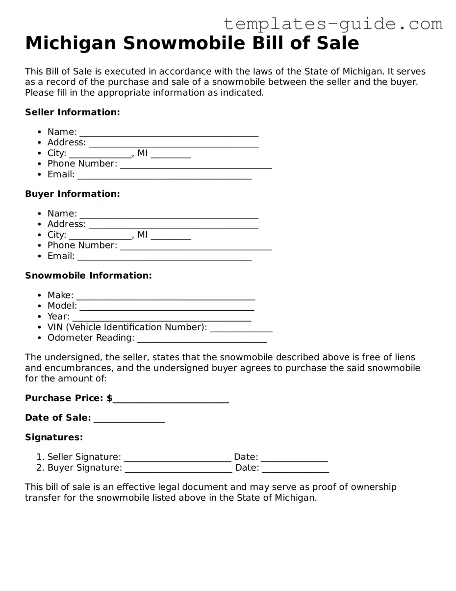 Free  Snowmobile Bill of Sale Form for Michigan