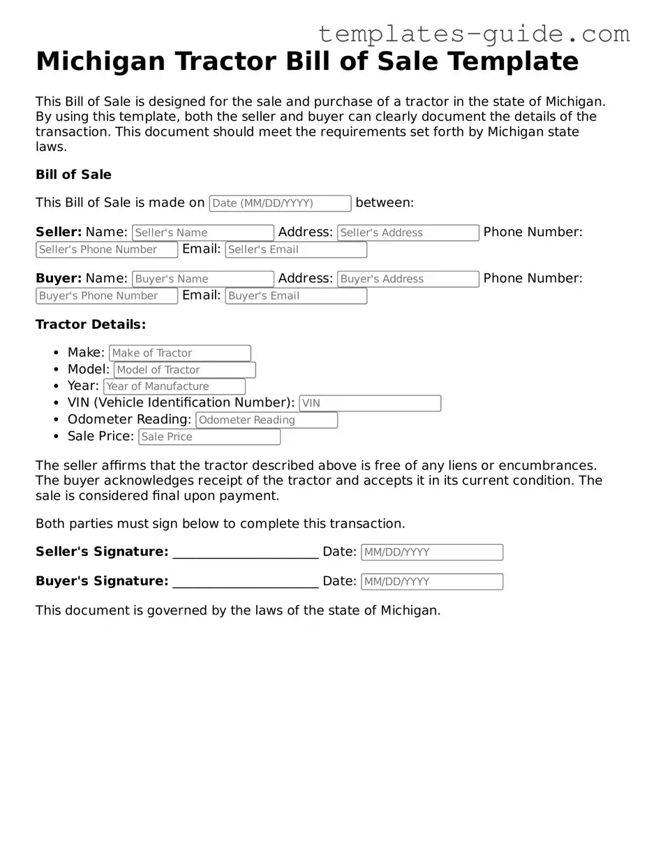 Free  Tractor Bill of Sale Form for Michigan