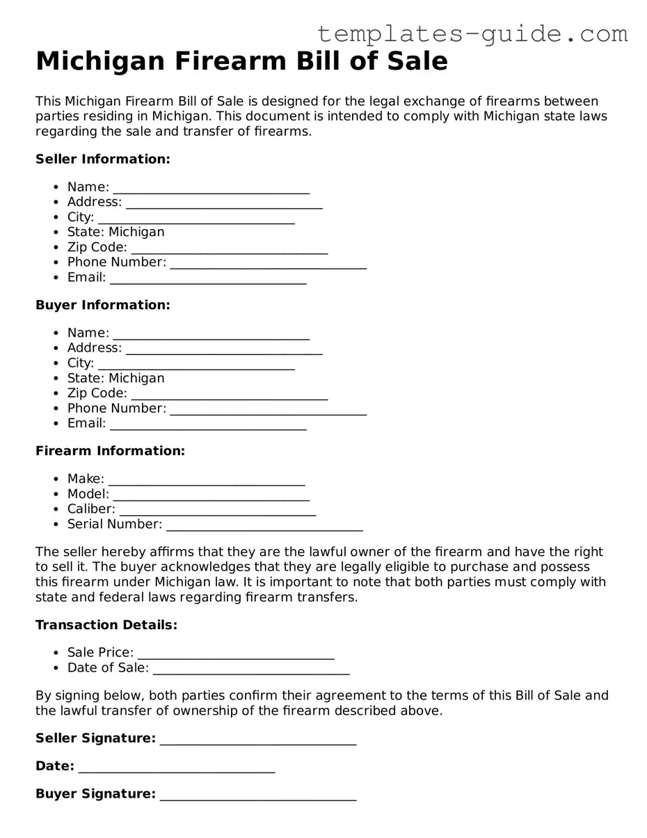 Free  Firearm Bill of Sale Form for Michigan