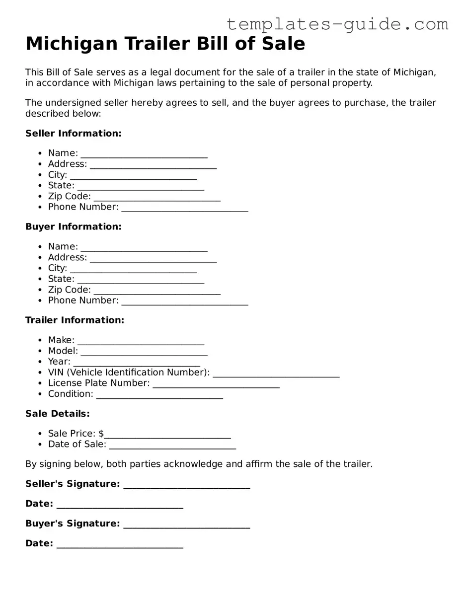 Free  Trailer Bill of Sale Form for Michigan
