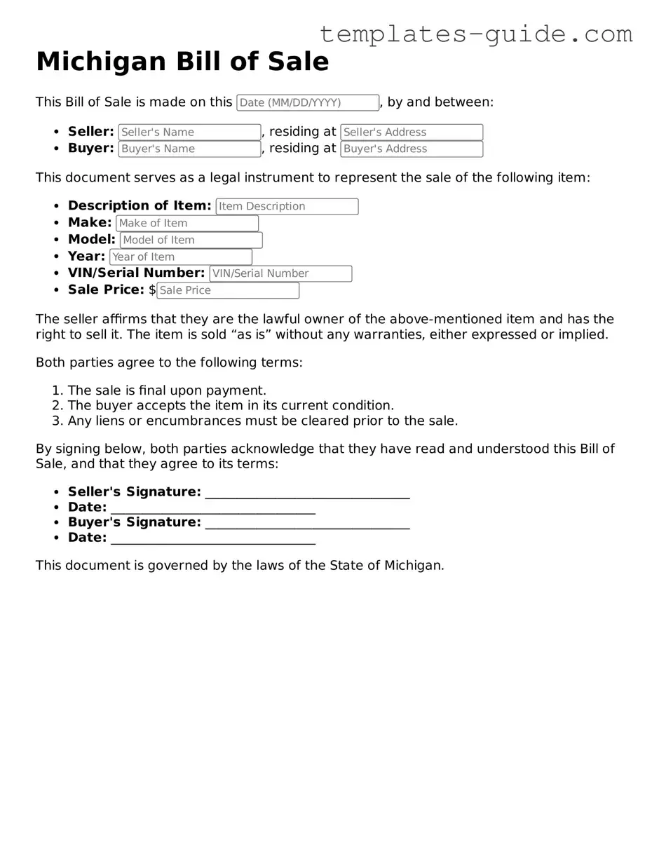Free  Bill of Sale Form for Michigan