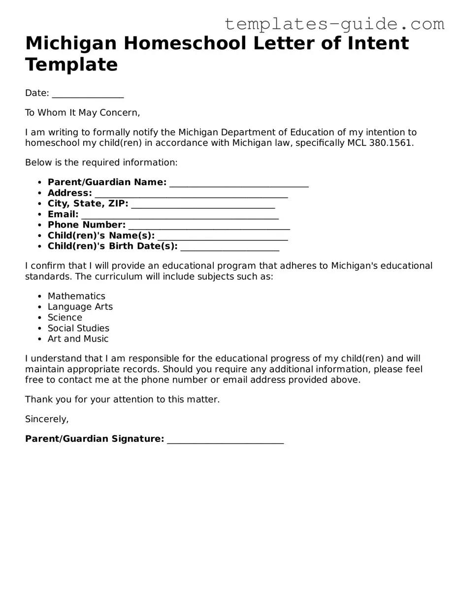 Free  Homeschool Letter of Intent Form for Michigan