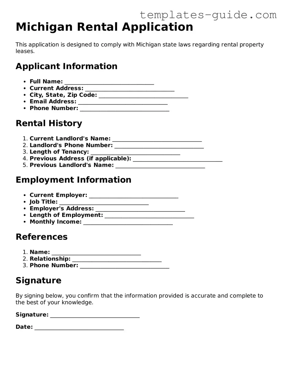 Free  Rental Application Form for Michigan
