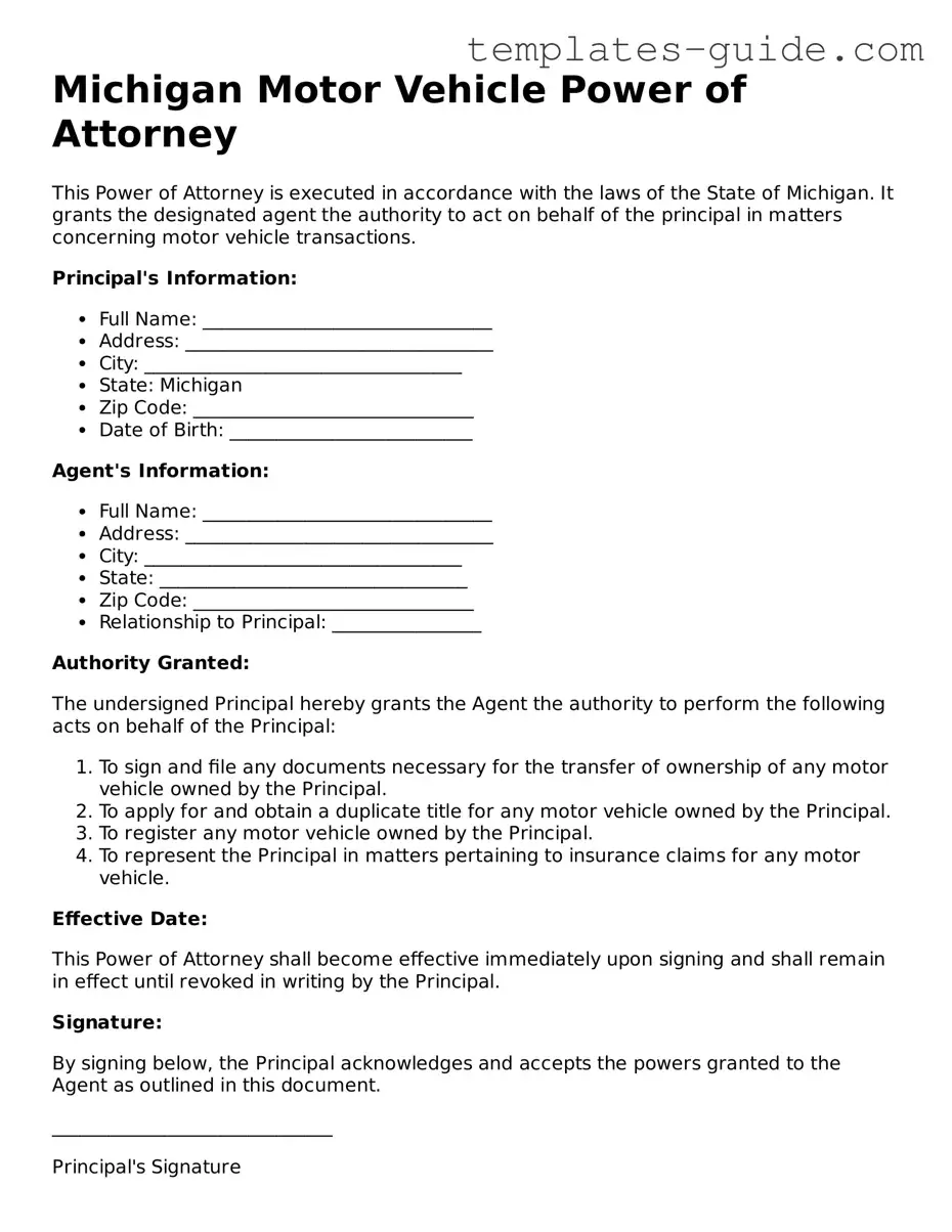 Free  Motor Vehicle Power of Attorney Form for Michigan