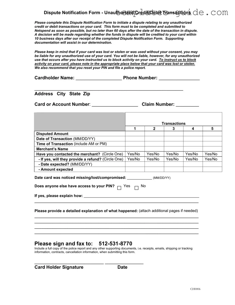 Fill Out a Valid Netspend Dispute Template