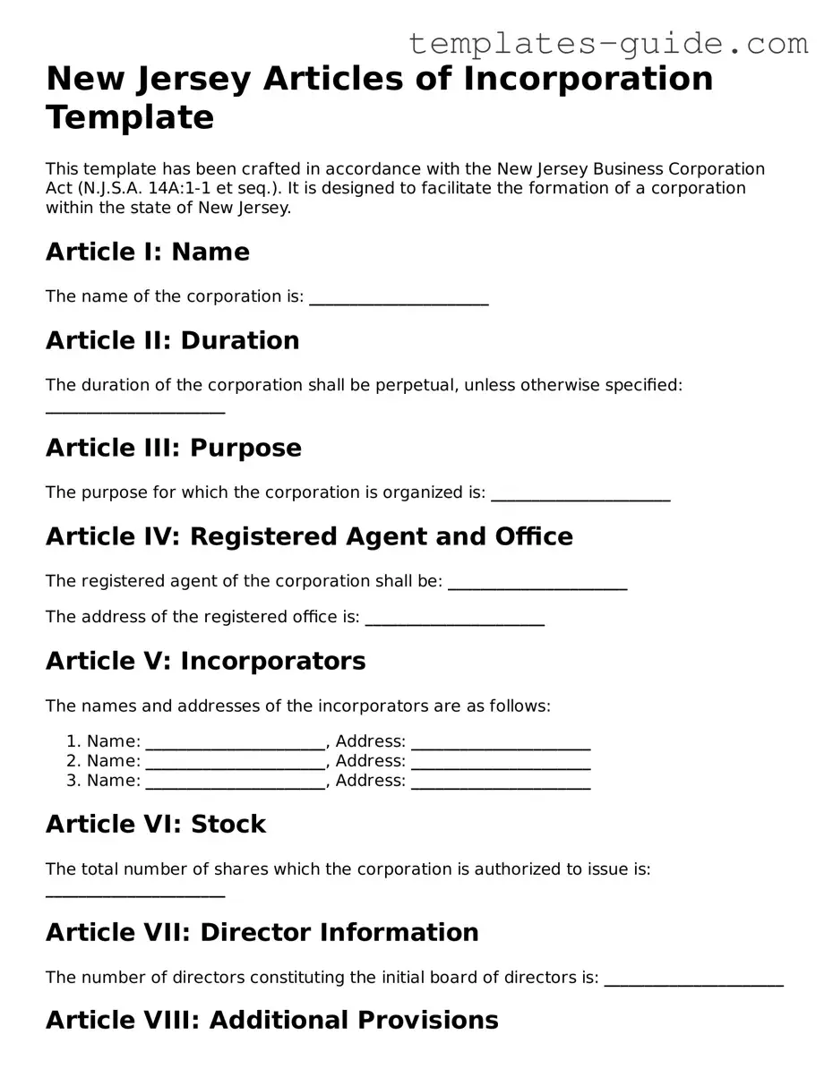 Free  Articles of Incorporation Form for New Jersey