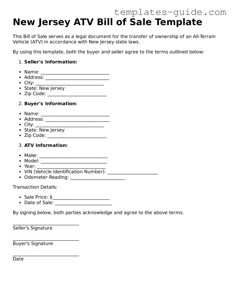 Free  ATV Bill of Sale Form for New Jersey