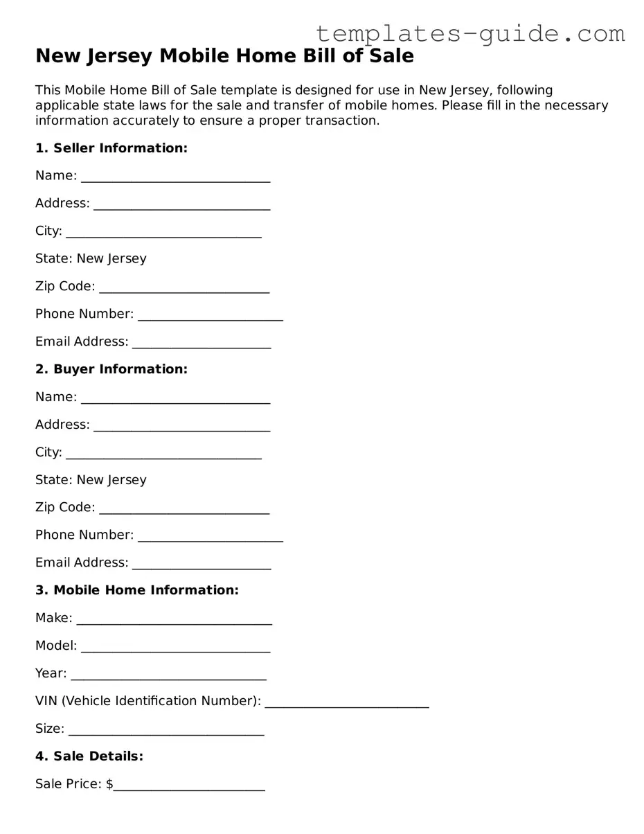Free  Mobile Home Bill of Sale Form for New Jersey