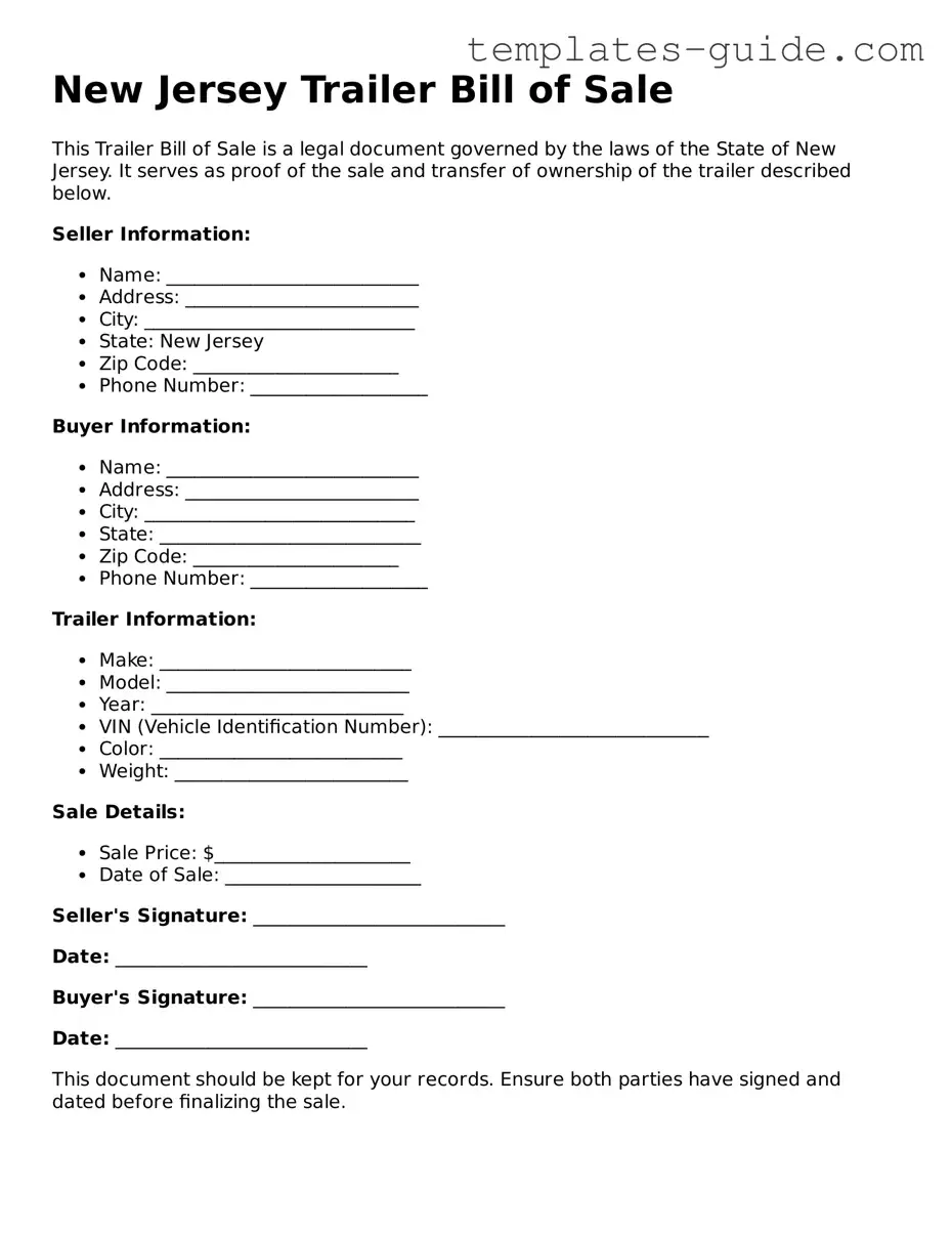Free  Trailer Bill of Sale Form for New Jersey