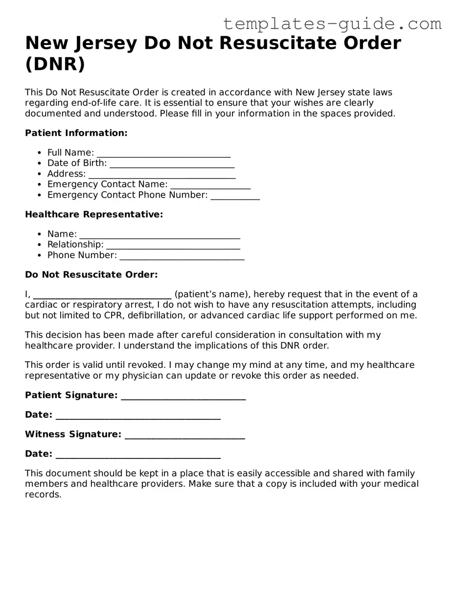 Free  Do Not Resuscitate Order Form for New Jersey