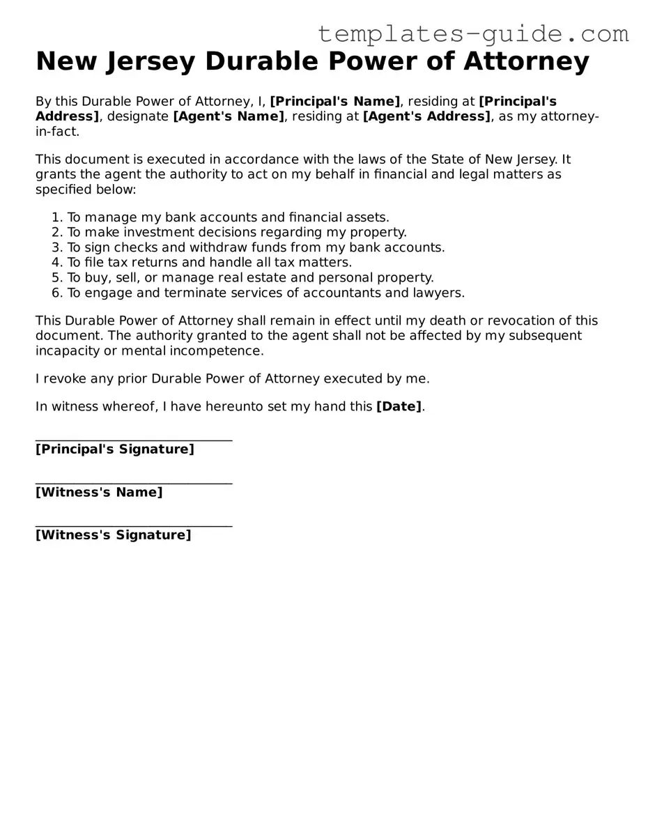 Free  Durable Power of Attorney Form for New Jersey