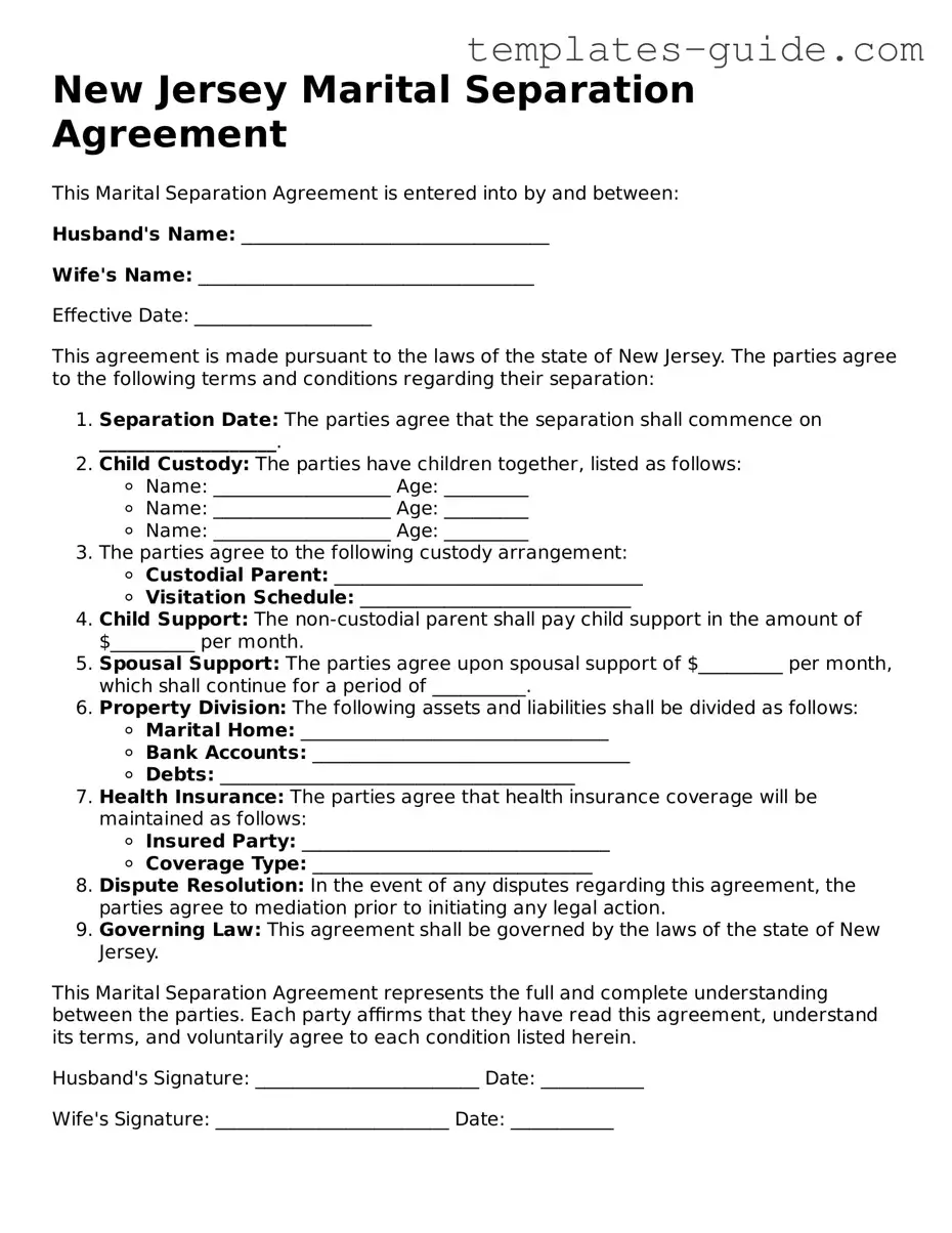 Free  Marital Separation Agreement Form for New Jersey
