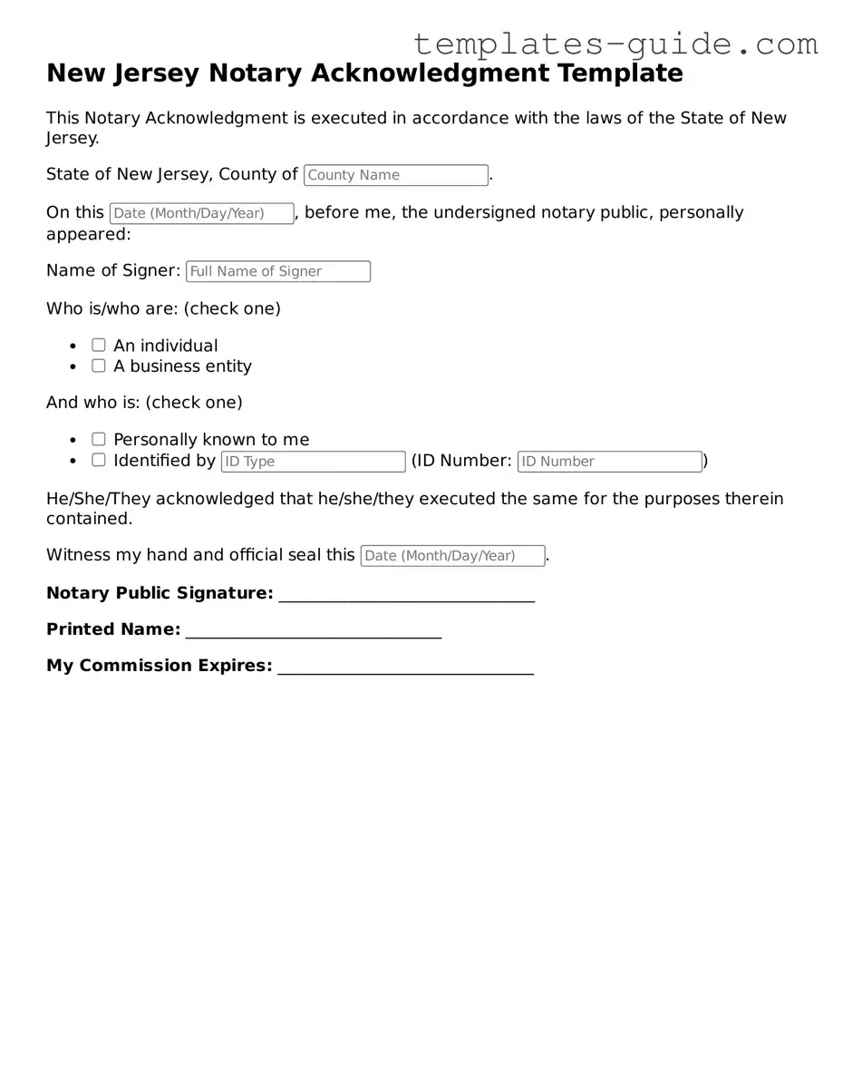 Free  Notary Acknowledgement Form for New Jersey