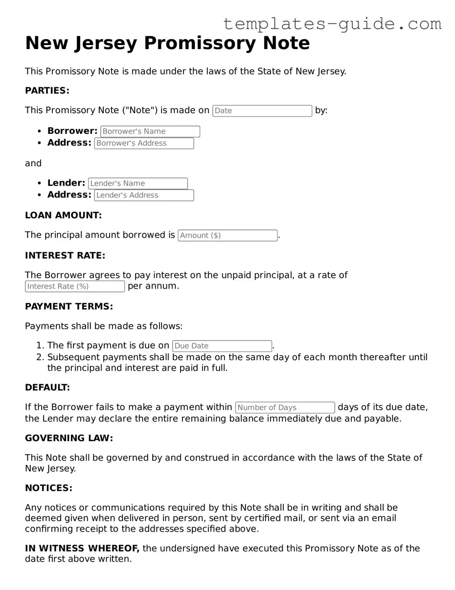 Free  Promissory Note Form for New Jersey