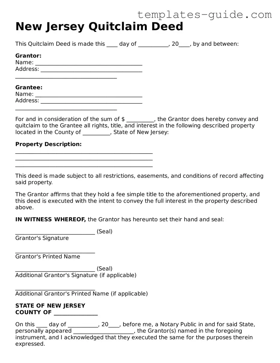 Free  Quitclaim Deed Form for New Jersey