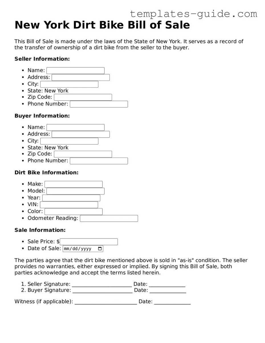Free  Dirt Bike Bill of Sale Form for New York