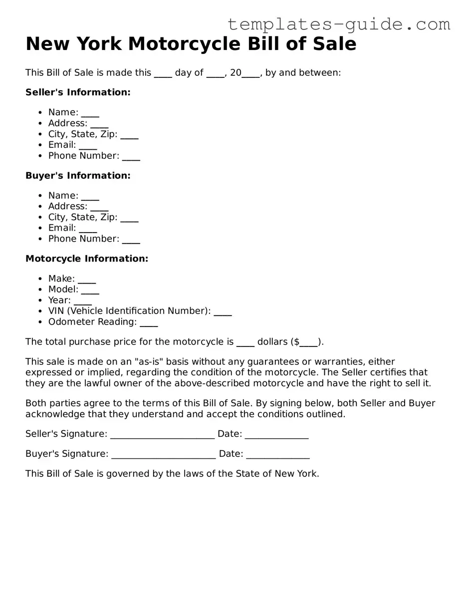 Free  Motorcycle Bill of Sale Form for New York