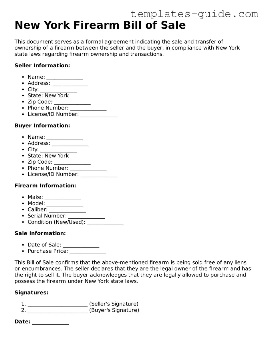 Free  Firearm Bill of Sale Form for New York