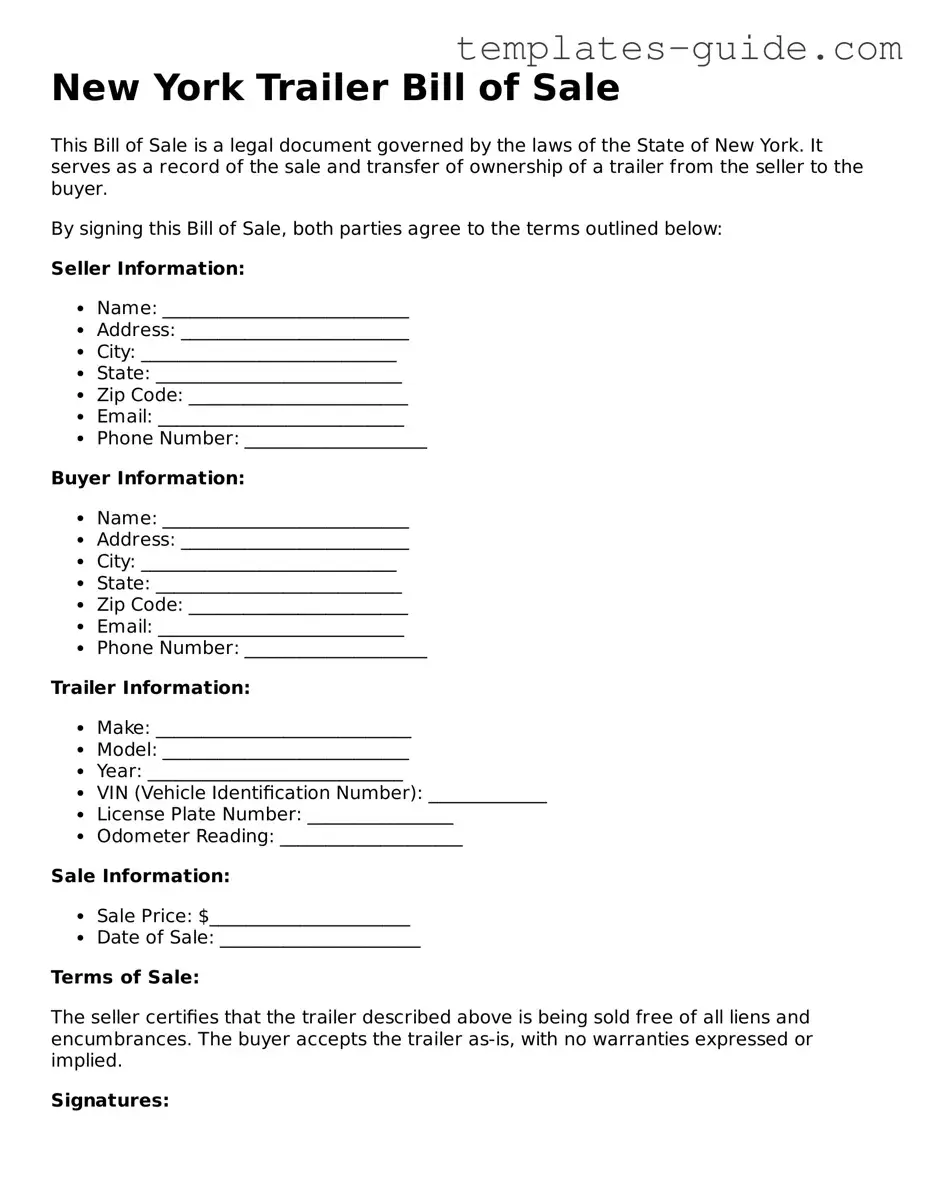 Free  Trailer Bill of Sale Form for New York