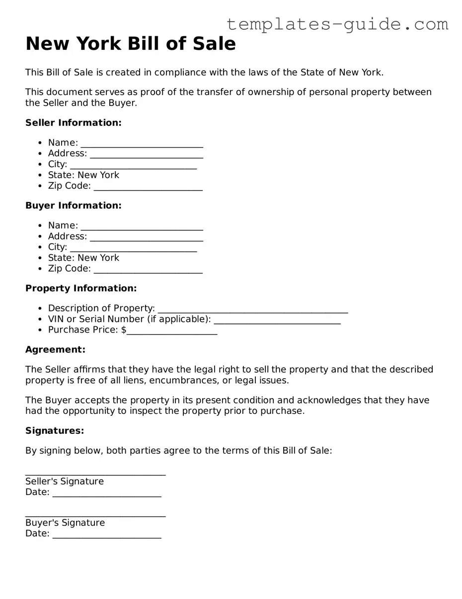 Free  Bill of Sale Form for New York