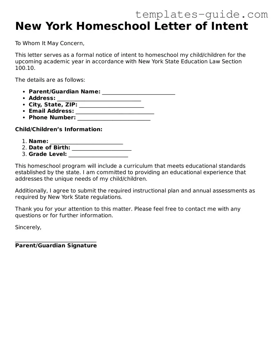 Free  Homeschool Letter of Intent Form for New York