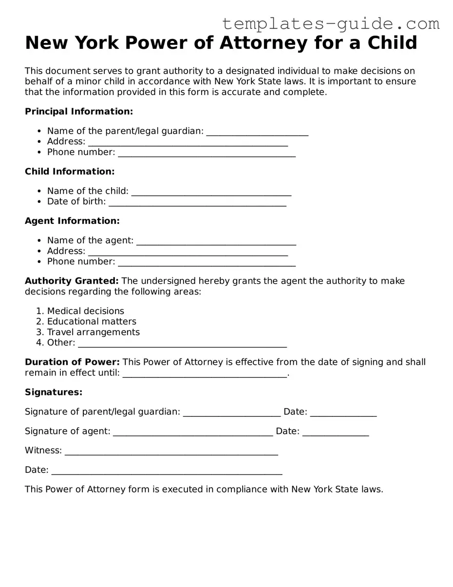 Free  Power of Attorney for a Child Form for New York