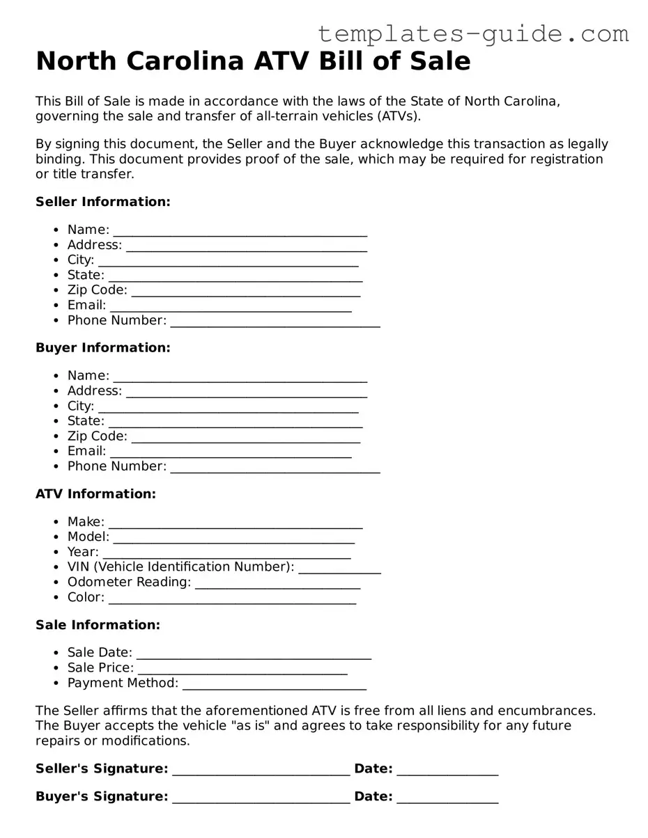 Free  ATV Bill of Sale Form for North Carolina