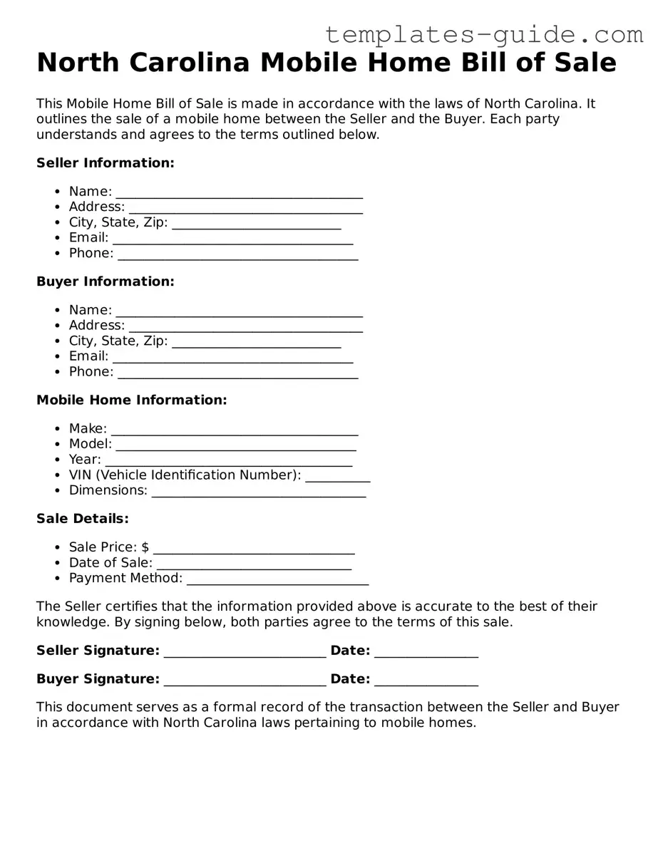 Free  Mobile Home Bill of Sale Form for North Carolina