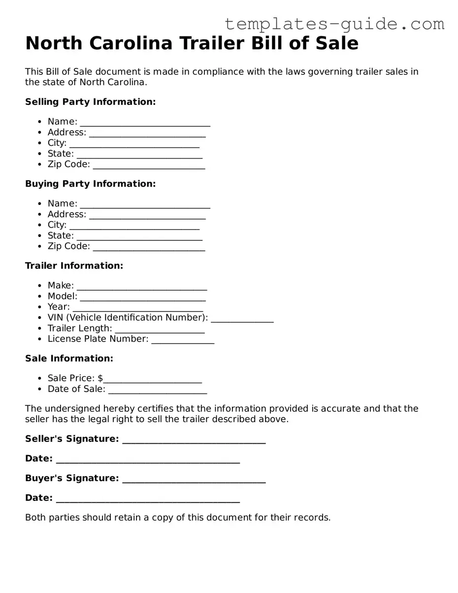 Free  Trailer Bill of Sale Form for North Carolina