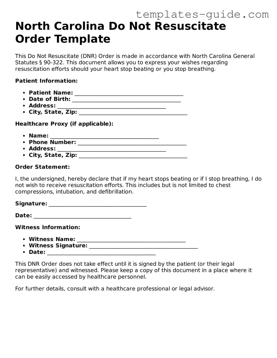 Free  Do Not Resuscitate Order Form for North Carolina